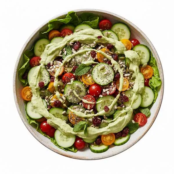 Cranberry, Minted Cucumber, Tomato & Power Seed Salad with Avocado Dressing